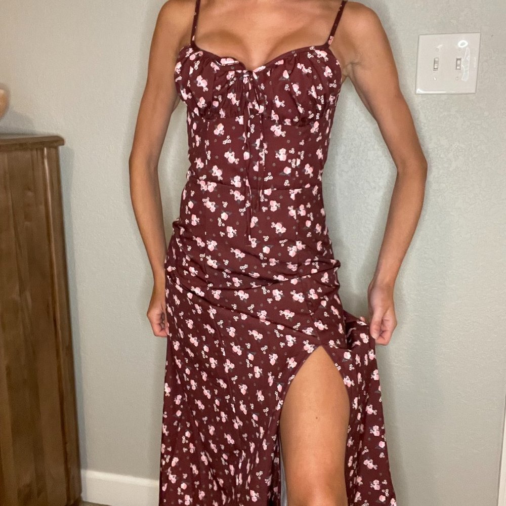 Burgundy Midi dress with floral print, high leg slit, babydoll top, size S